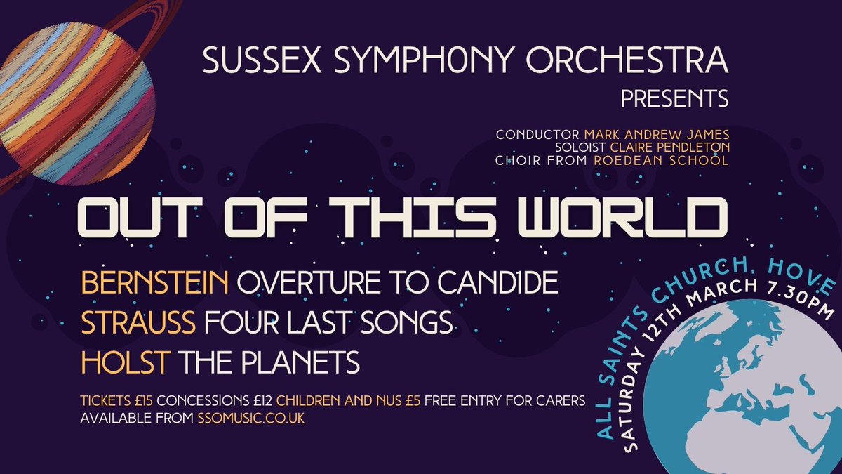 You don't need Elon Musk or NASA to get out of this world this weekend! Join us on Saturday at All Saints for the complete Planets Suite, Candide and the awesome Claire Pendleton for Strauss's Four Last Songs. Tickets online at ssomusic.co.uk/box-office/buy…