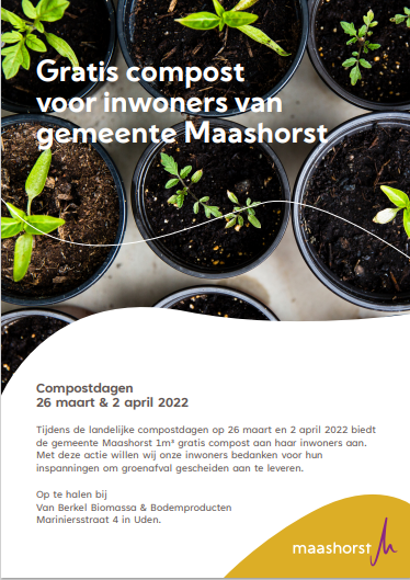 Inwoners van gemeente Maashorst kunnen op zaterdag 26 maart en zaterdag 2 april tussen 9.00 en 14.00 uur eenmalig gratis 1m3 compost ophalen. Met deze actie wil de gemeente haar inwoners bedanken voor hun inspanning groenafval gescheiden aan te leveren. bit.ly/3KqAFK7