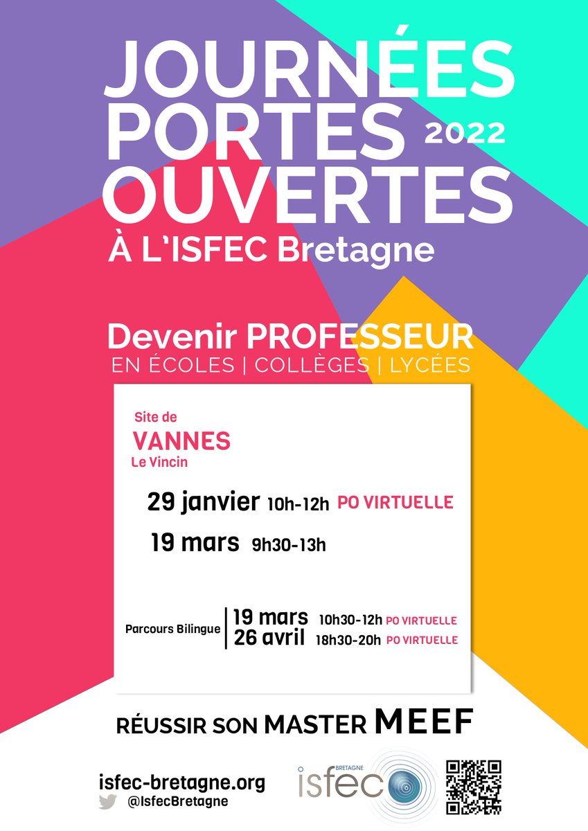 IsfecBretagne's tweet photo. Devenez professeur en écoles, collèges, lycées avec l'ISFEC Bretagne !
Journée Portes Ouvertes à Vannes le samedi 19 mars 2022 de 9h30 à 13h.
Formulaire d'inscription : https://t.co/D7dedxzgIT https://t.co/c9rsbHOMIj