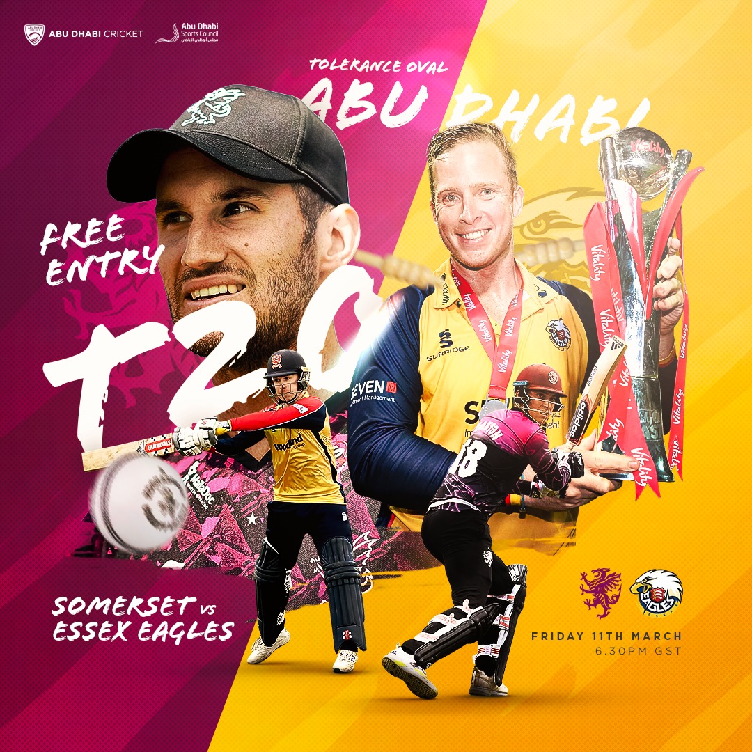 SomersetCCC's tweet photo. 🇦🇪 MATCHDAY 🇦🇪

Somerset are in double T20 action today against Essex in Adu Dhabi. Game two will be live streamed at 2:30pm UK time 📺

#WeAreSomerset
@AbuDhabiCricket | @SportaGroup https://t.co/tGYwlAJ8en