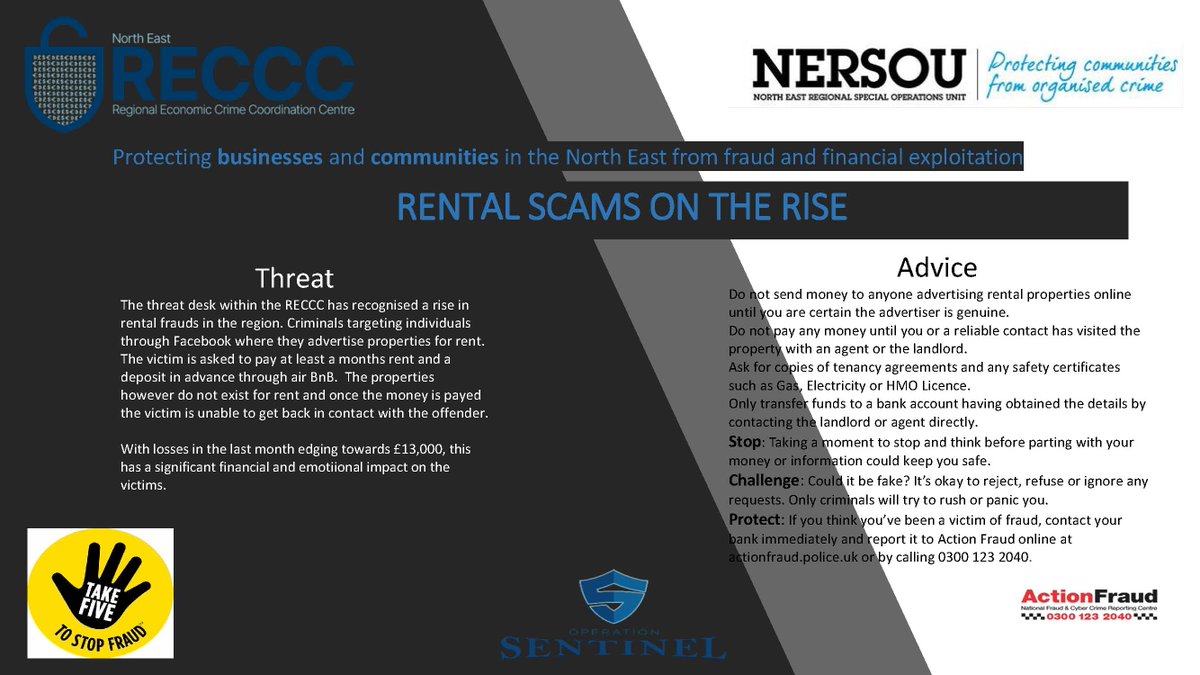 NorthEastROCU's tweet photo. Are you or anyone you know thinking about renting a property? Be aware of rental fraud, with criminals advertising properties on platforms like Facebook with the intention of stealing YOUR money.
Take the advice below to prevent yourself and others becoming victims.
#RECCC https://t.co/OlhZDdVxOb
