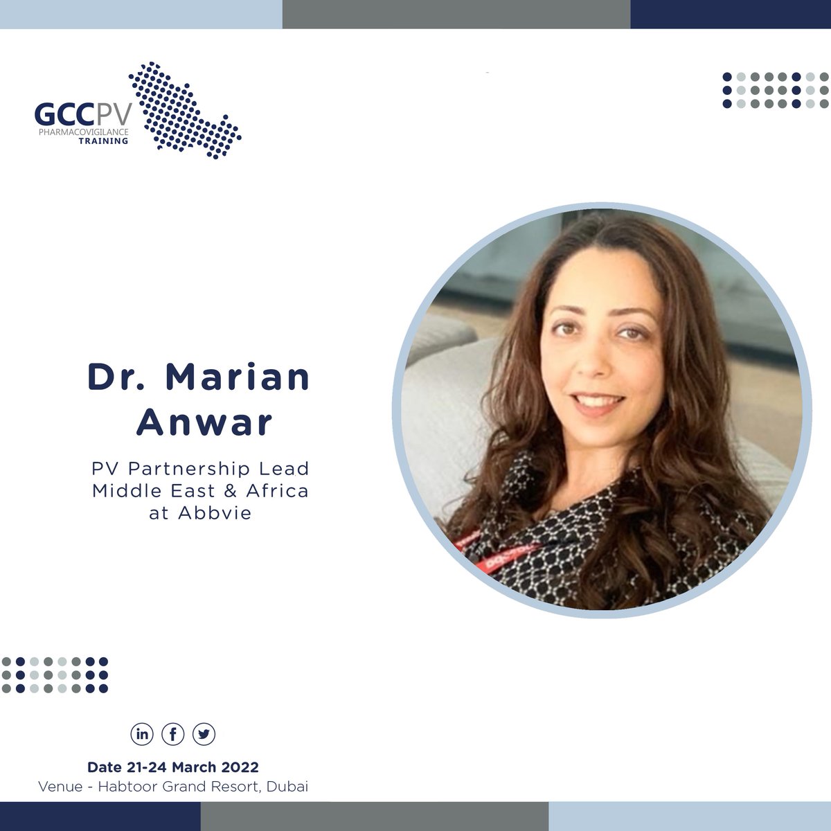 GccPharma's tweet photo. Meet Dr. Marian Anwar, #PV Partnership Lead, #MiddleEast & #Africa, at @abbvie , who will be one of our speakers at the #GCC #Pharmacovigilance #training this year!
To Register: https://t.co/iZQ1al89ud
#GCCPVTraining #pharma #GCC #PVTraining #UAE #pharmacist https://t.co/gnGWekRjLR