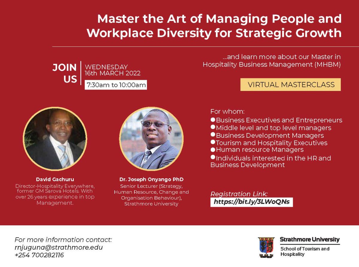 StrathmoreSTH's tweet photo. You are invited to join the virtual conversation. How can you lead a winning team?
Come let us learn together from experts.
@StrathU @SarovaHotelsKen @SBSKenya 
Register here: https://t.co/OqFd7zEQCY https://t.co/jZrUThR2fH