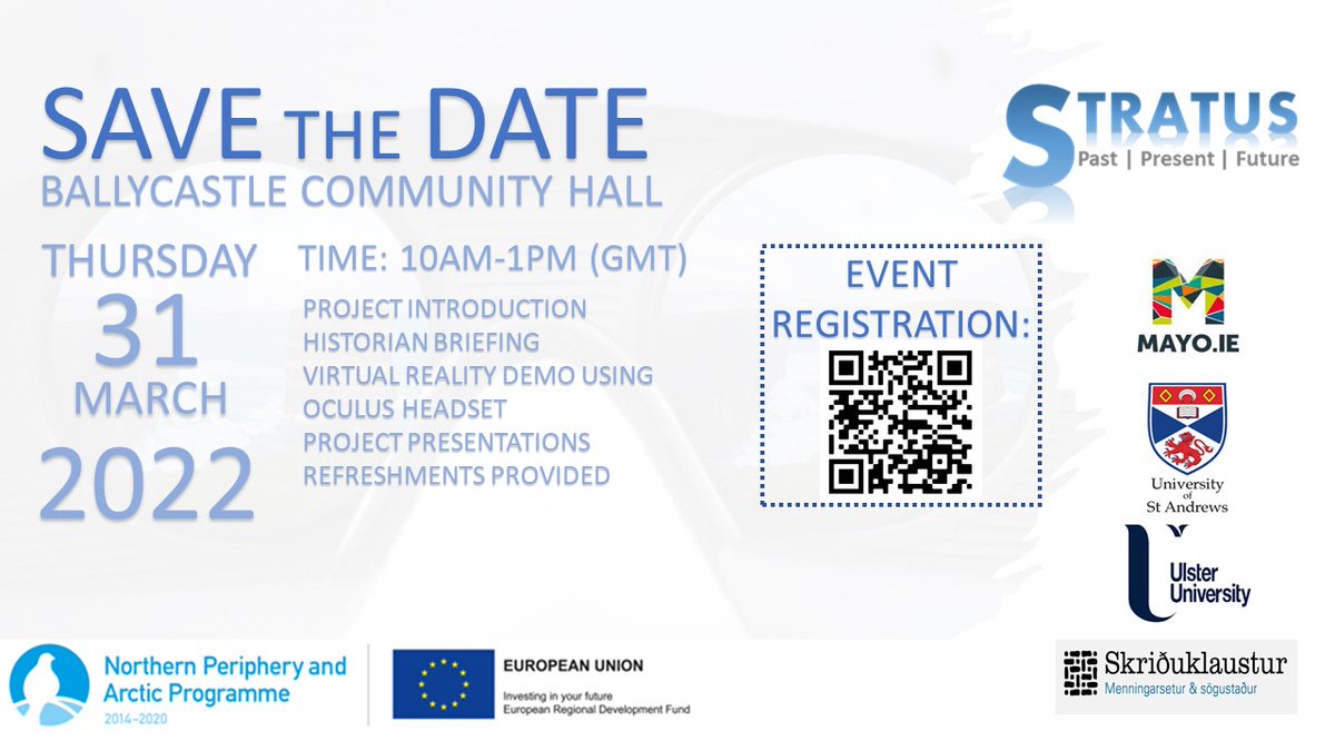 An exciting hybrid information event for our NPA Project ‘STRATUS’. Ballycastle Community Centre, Co. Mayo on Thursday 31st March, 2022 at 10AM. 
Scan the QR code on the attached ‘Save the Date’ image and let us know how you wish to attend!

#projectstratus #NPA #culturalheritage
