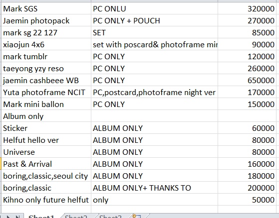 Wts // want to sell
Sgs mark
Jaemin photopack
Coupon card mark
4x6 kickback xiaojun
Mark Tumblr
Taeyong YZY reso
Jaemin Cashbee we boom
Yuta photoframe NCIT
Mark mini balloon
Album only 
✅ TAKE ALL ONLY boleh buka sharing
💸 2.925.000
🏠 Semarang
Shopee fullpay/split (ada admin)