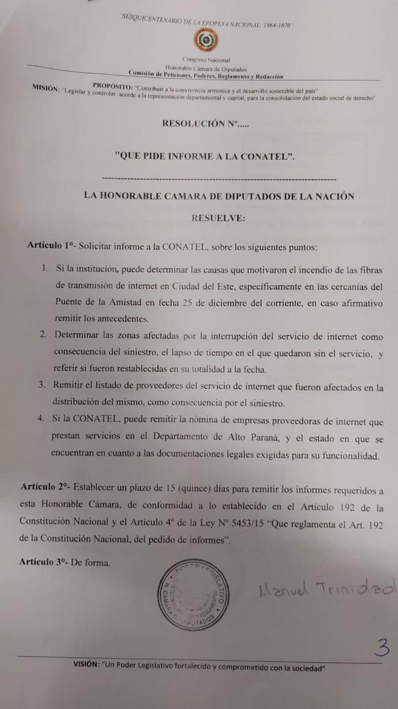 A pedido del Dip. <a href="/DipTrinidadM/">Manuel Trinidad Colmán</a>  la Cámara de Dip. pidió informes a <a href="/conatelpy/">Conatel Paraguay</a> sobre un incendio en la  fibra de transmisión de internet en Ciudad del este. Te dejamos los detalles aquí👇