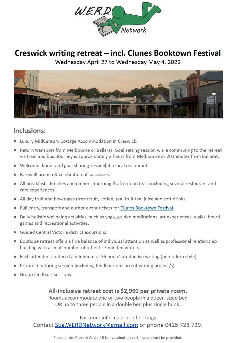 Calling all lit-lovers and writers... particularly those needing a cheersquad! 
Luxury writing retreat to coincide with Clunes Booktown Festival 2022.
See WERDNetwork.com.au or email Sue.WERDNetwork@gmail.com for details.
#fortheloveofbooks