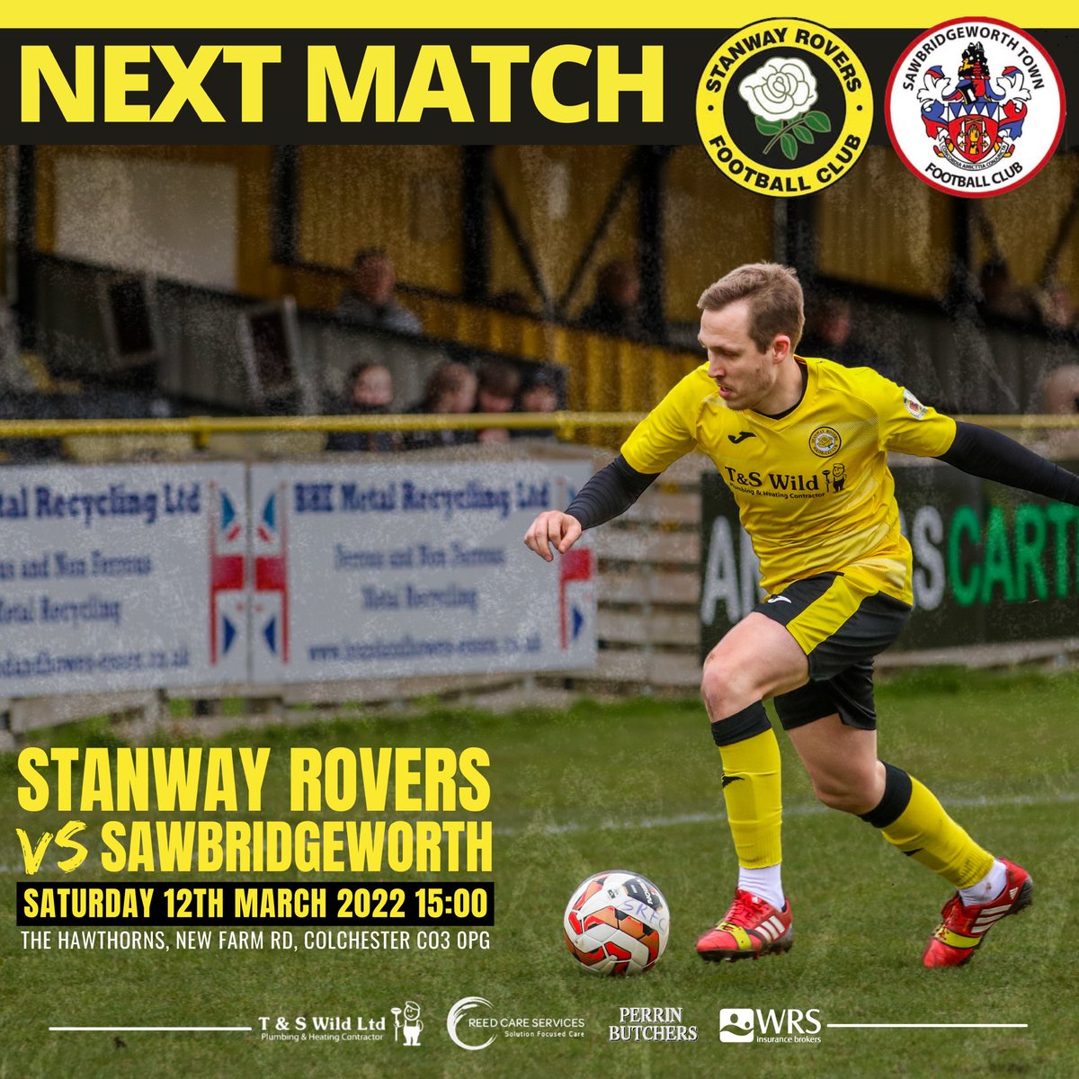 NEXT UP 🔜 ⁠
⁠
🆚 Sawbridgeworth Town
🏆 <a href="/EssexSenior/">Essex Senior League</a> League ⁠
📆 Saturday 12th March 2022 ⁠
⏱ Kick-Off 15:00 ⁠
🏟 The Hawthorns • CO3 0PG ⁠
🎟 Adults: £7 | Concessions: £4 | Under-16s: FREE⁠
🍔 Burger Bar and Clubhouse Open ⁠
⁠
💛 𝗪𝗘 𝗔𝗥𝗘 𝗦𝗧𝗔𝗡𝗪𝗔𝗬