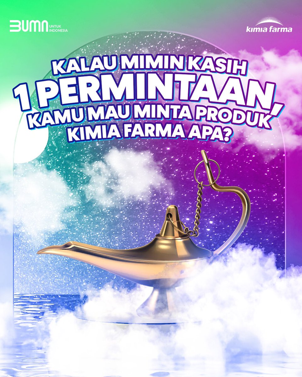 Kita ngayal dulu yukkk~
Kalau ada om jin di depan kamu bertanya “1 permintaan produk Kimia Farma yang kamu mau” kamu akan jawab apa? 

#DiKimiaFarmaAja