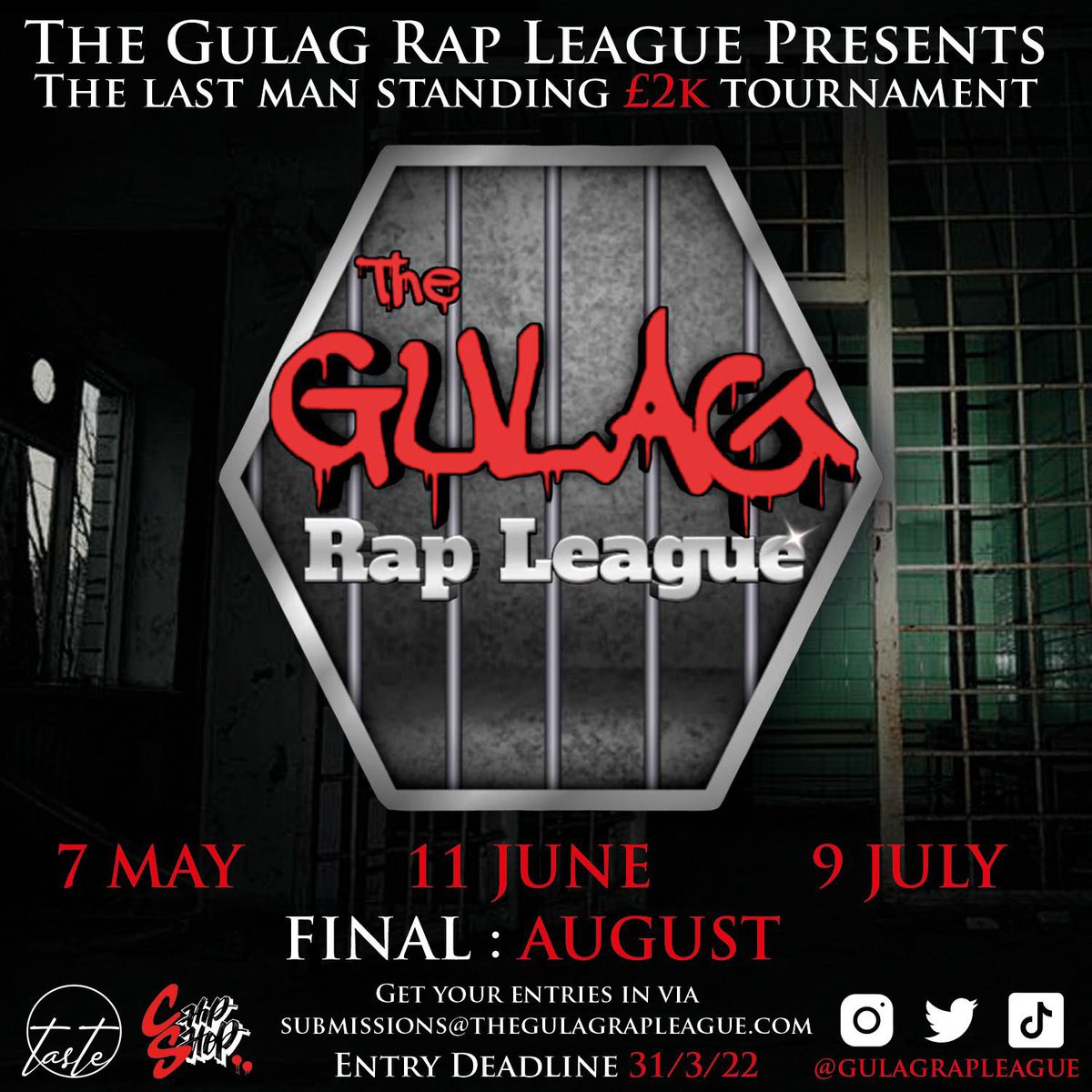 The Gulag Rap League are looking for 16 battle rappers in the UK &amp; Ireland to compete across 4 events in a £2k prize tournament!

Previous battle experience isn’t essential and all are welcome to apply. All entries to be submitted via submissions@thegulagrapleague.com