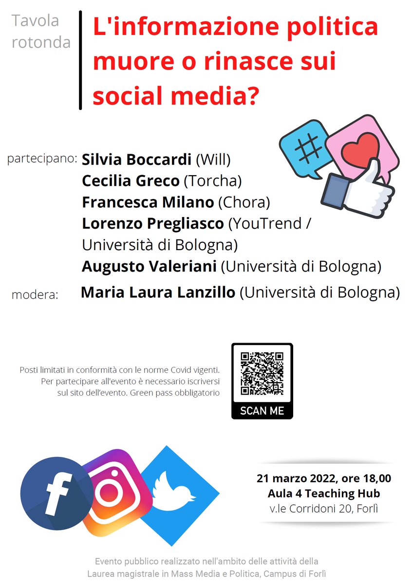 Lunedì 21 marzo alle 18 al campus di Forlì di <a href="/Unibo/">Università di Bologna</a>  parliamo di informazione e social media.
Grazie a Mass Media e Politica, Laura Lanzillo e <a href="/barbapreta/">augusto valeriani</a>.

Con <a href="/silviaboccardi/">silvia boccardi</a> di Will, <a href="/cecgreco/">Cecilia Greco</a> di Torcha e <a href="/Francescami/">francesca milano</a> di <a href="/Chora_Media/">Chora Media</a>.

Iscrizioni ➡️ eventi.unibo.it/tavola-rotonda…