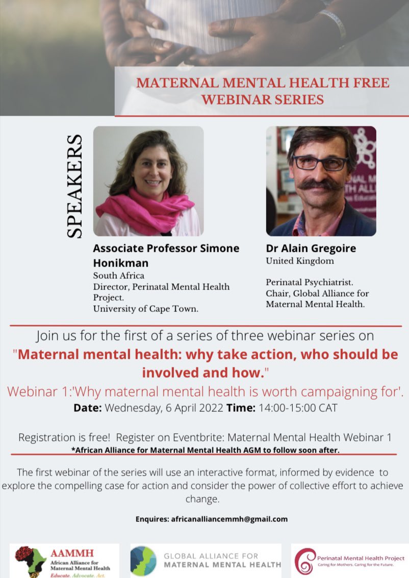 matmentalhealth's tweet photo. Are you passionate about maternal mental health? Join us for the first of a series on webinars on 6 April 2022! Registration is free.Register on Eventbrite: https://t.co/673jfM0gNI. @PMHPatUCT #GAMMH #mmh https://t.co/sXF64ULKh8