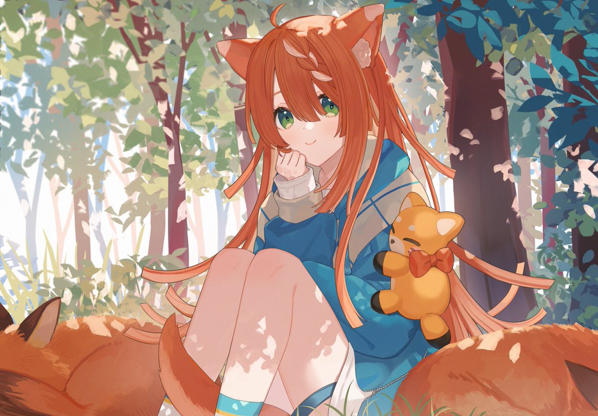 1girl animal ears green eyes long hair fox smile orange hair  illustration images