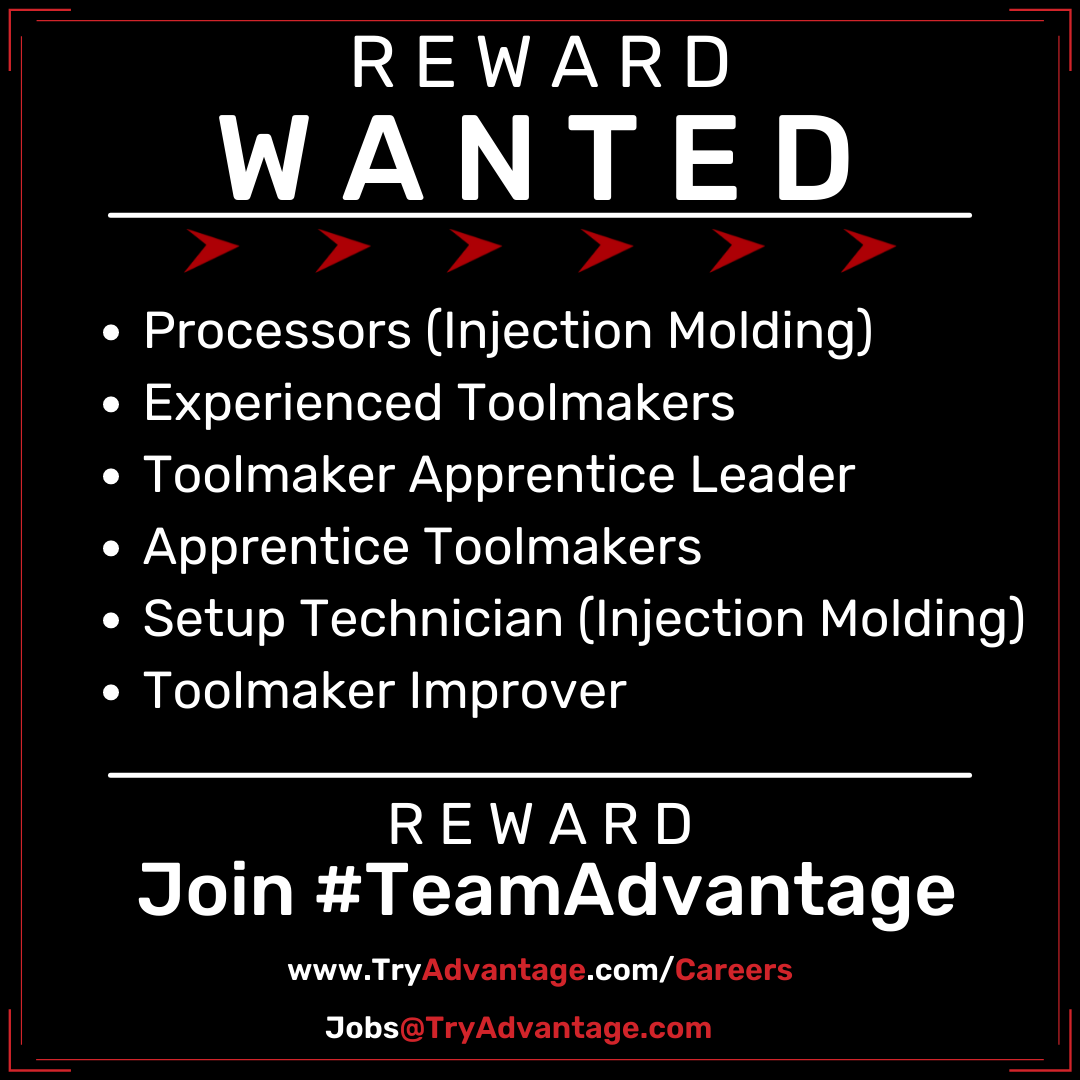 Wanted!
Looking for your next move?
Join #TeamAdvantage!
#Hiring multiple positions:
#Toolmakers
#Apprentice Toolmakers
#Processors
#CNC Machinist
#SetupTechnician

hubs.la/Q015NhQD0

#Jobs #YQG #Windsor #Essex #WindsorEssex
