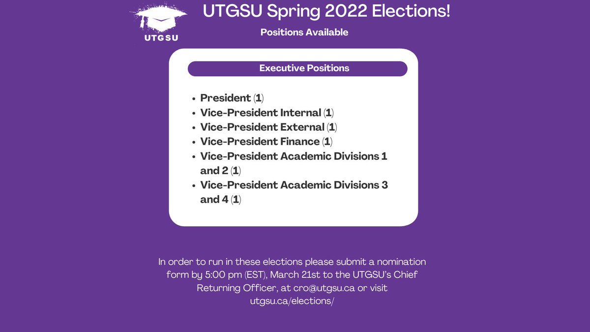 UTGSU's tweet photo. Interested in being a UTGSU executive? Nominations are now open for these executive positions. Get more information here: https://t.co/A6N5sbLSSU #uoft #uoftlife #utgsu https://t.co/YdVOs8eDGL