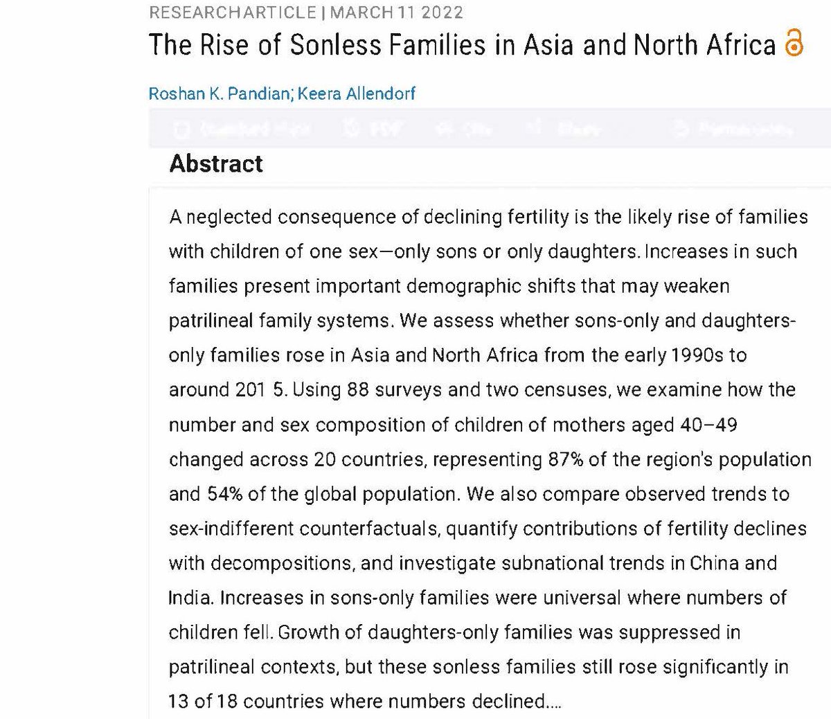 New from <a href="/rpandian/">Roshan Pandian</a> &amp; <a href="/KeeraAllendorf/">Keera Allendorf</a>: “Among 18 countries w/ declining fertility, sons-only families increased significantly in 17 countries and daughters-only families in 13.” They suggest that such demographic shifts may weaken some patrilineal systems.
ow.ly/JYvK50Ih8ar