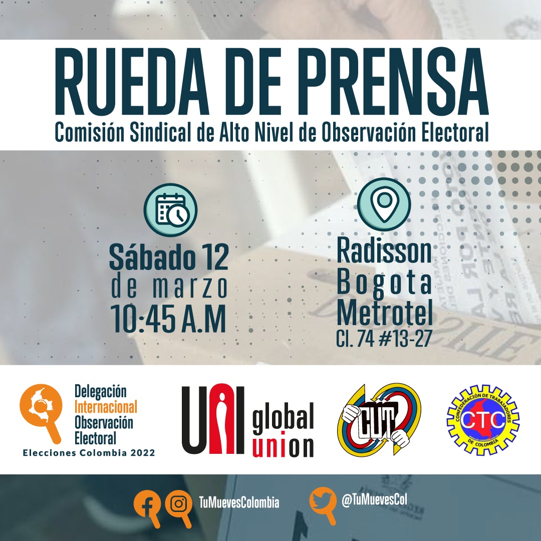 TuMuevesCol's tweet photo. 🎥#RuedaDePrensa

La Comisión de Alto Nivel dará a conocer un informe preelectoral sobre denuncias que candidatos/as a Curules de Paz y otros candidatos de diversos partidos, hicieron llegar en el marco de reuniones sostenidas con ellos/as.

📆12/03/22
🕖10:45 AM 
📍Cl. 74 #13-27 https://t.co/u5gCW8D6Nq