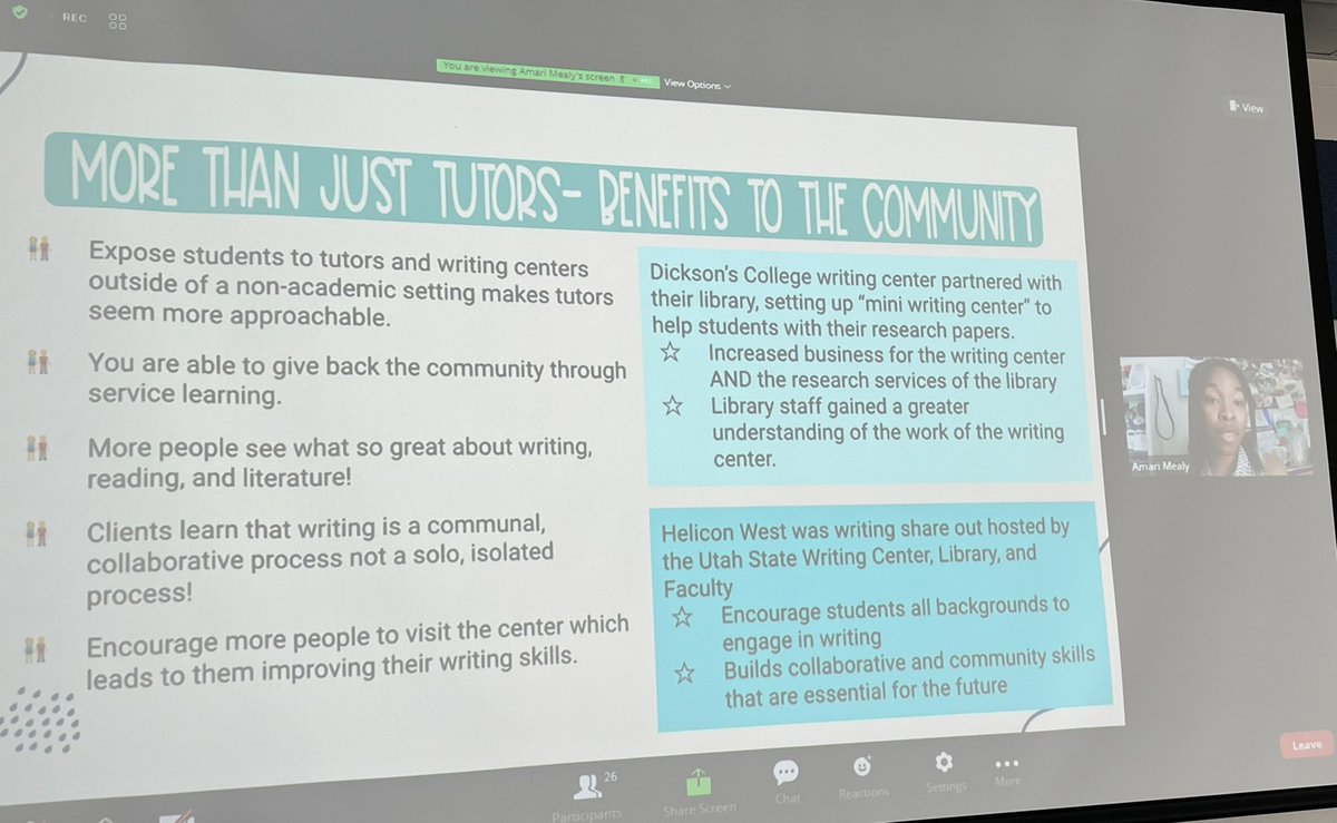 Ms_Passino's tweet image. Our very own tutor, Amari, is presenting her research at the annual Secondary School Writing Association Conference. So proud of her hard work @HSWritingCenter @SSWCA #HawkPride
