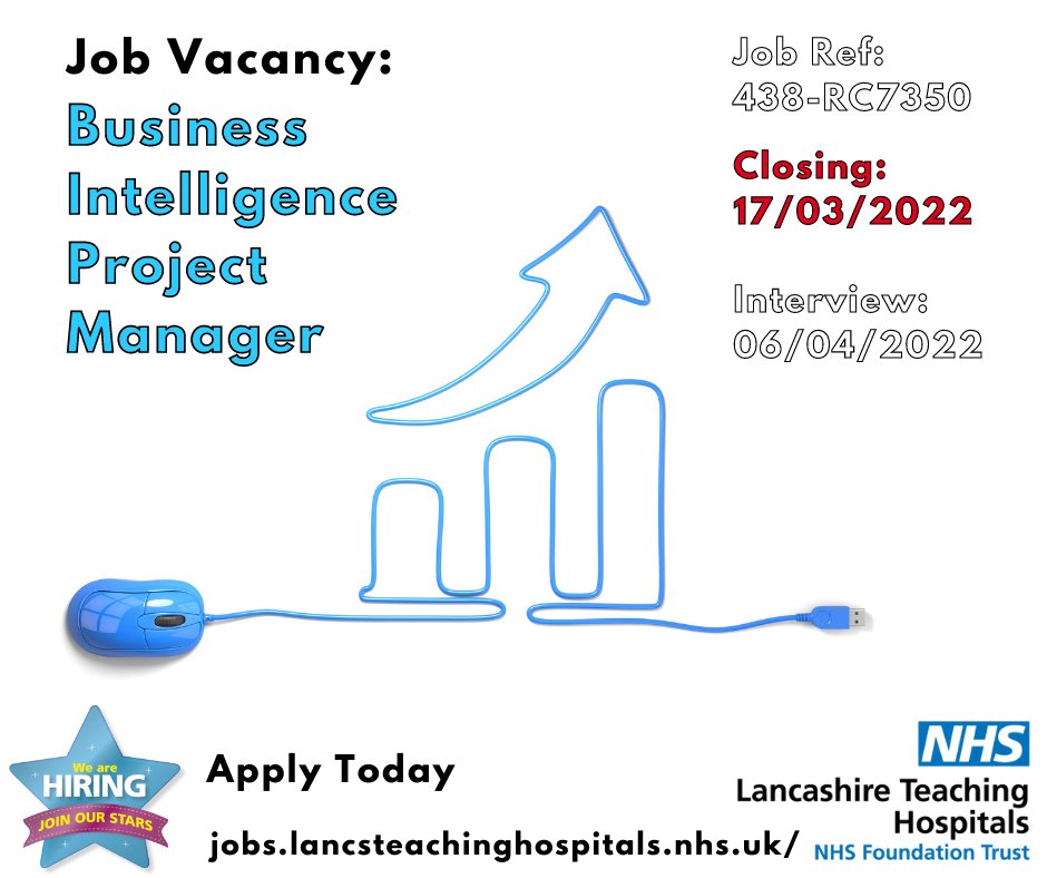 LancsHospJobs's tweet photo. Job Vacancy: Business Intelligence Project Manager @lancsHospitals
Closing: 17/03/2022
Read more and apply here: https://t.co/843TvwTsLa
#NHS #NHSjobs #BusinessIntelligence #ProjectManager #Preston #Chorley #healthacademy @LancsHealthAcad https://t.co/5Pvr4x5tLW