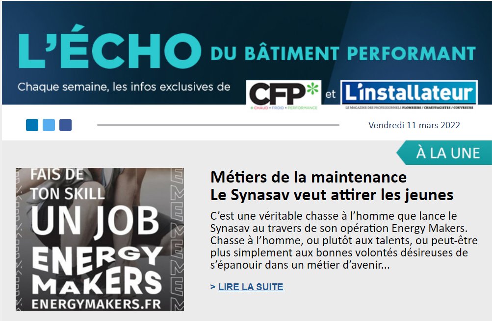☀️✳️ A la Une ✳️☀️
- Emploi : le <a href="/SYNASAV/">SYNASAV</a> veut attirer les jeunes
- 4 000 postes à pourvoir chez <a href="/DaikinEurope/">Daikin Europe N.V.</a>
- Jean-Luc Alzonne fait son entrée chez @Aldes
- Réno bâtiments publics : une carte pour repérer les services d’accompagnement
Tout est là ⬇️
x0h4i.mjt.lu/nl2/x0h4i/z59g…