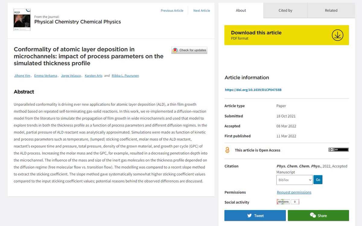 rlpuu's tweet photo. There, just accepted & published in PCCP: "Conformality of atomic layer deposition in microchannels: impact of process parameters on the simulated thickness profile."
Grateful for the solid referee work. Especially reviewer 2 ;).
#ALDconformality #ALDep
https://t.co/m44CxcOqJT https://t.co/k8bG1VkMrM