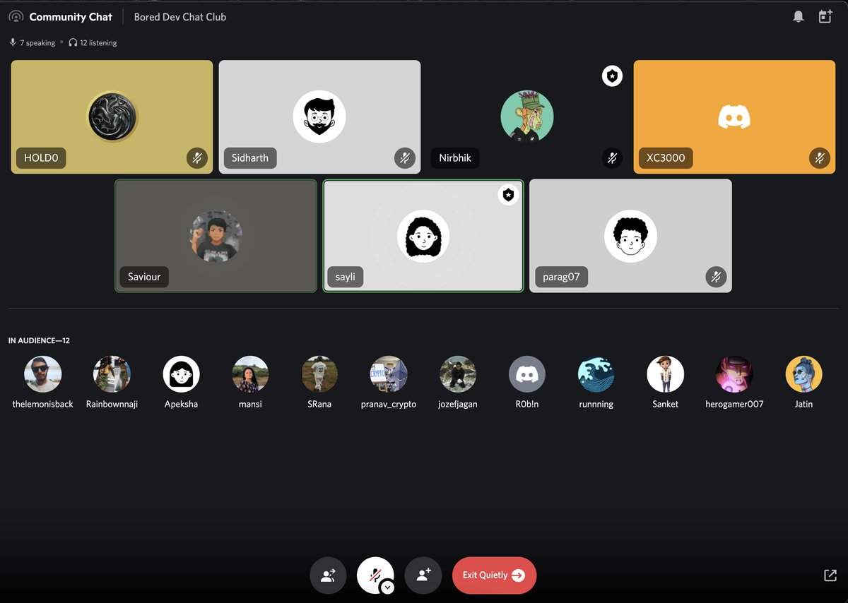 0xSidharth's tweet image. Good evening Everyone 👋🏻

We have started with our Bored Dev Chat Club. Join here 👇🏻discord.com/events/7397480…

#Web3 #builders #Developers
