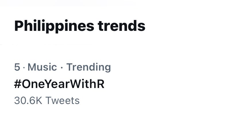 Our hashtag is trending at number 5 in the Philippines 💙

Let’s go up the trends list, filosés!! 💪🏼

SOLOIST ROSÉ ANNIVERSARY
#OneYearWithR
#R러뷰_로제솔로_1주년