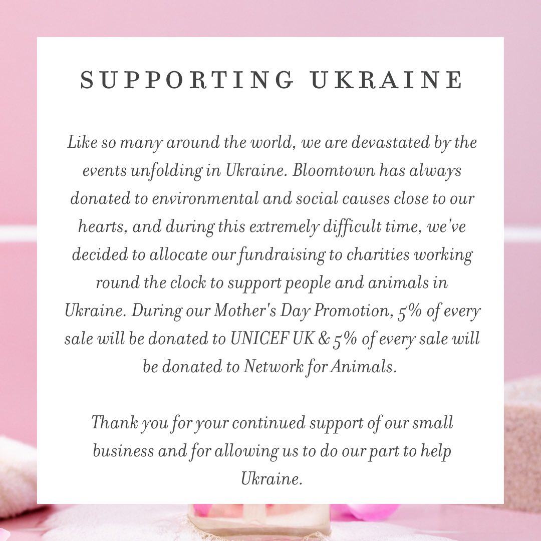#StandingWithUkraine 🇺🇦 Use the code UKRAINE15 to get 15% off your order. <a href="/workforgooduk/">Work for Good - Sales Fundraising Made Easy</a> <a href="/UNICEF_uk/">UNICEF UK</a> <a href="/Network4Animals/">Network For Animals 🐾</a> bloomtown.co.uk/discount/UKRAI…