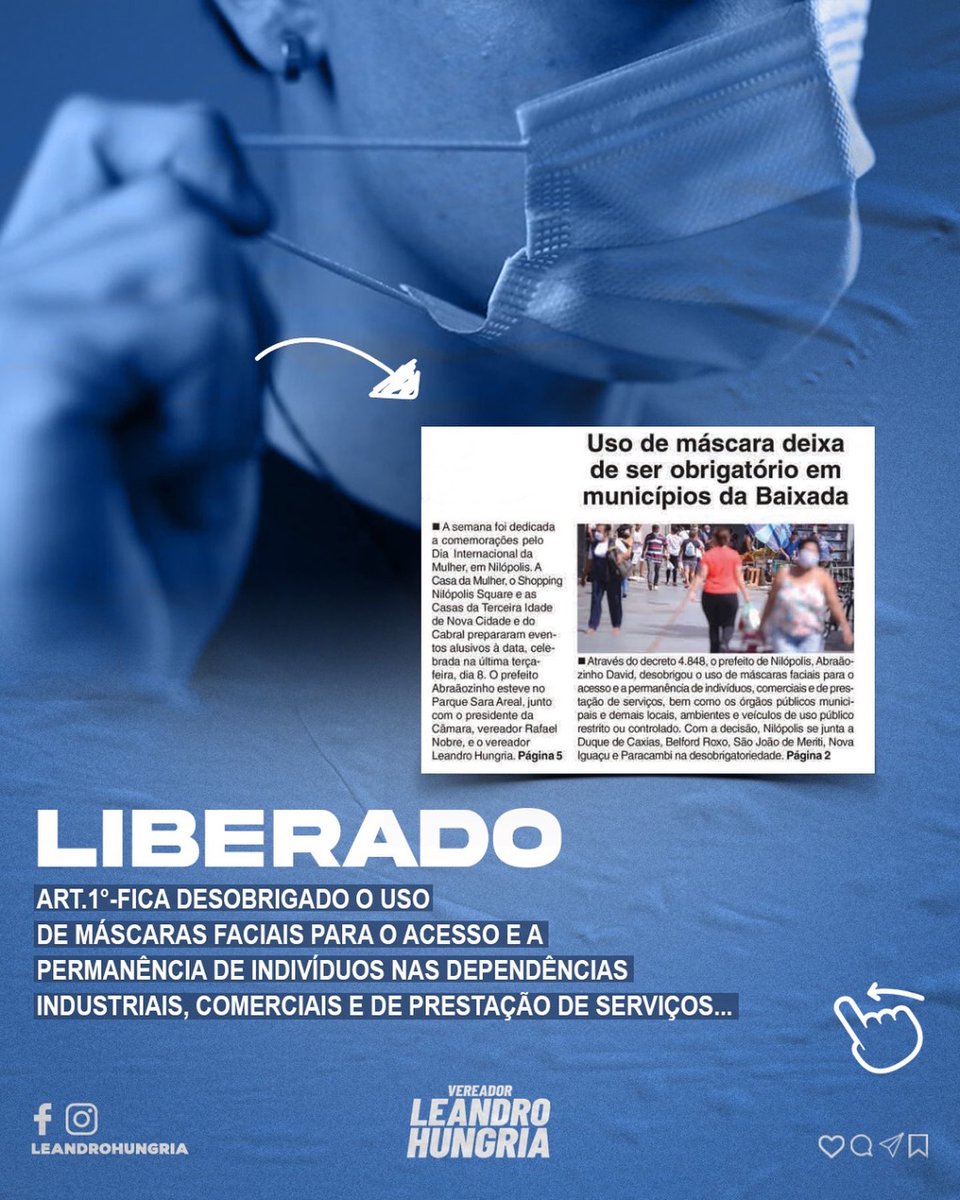 leandro_hungria's tweet photo. UTILIDADE PÚBLICA! 🔈

Uso da máscara deixa de ser obrigatório em municípios da Baixada. Através do decreto 4.848, o prefeito de Nilópolis, desobrigou o uso de máscaras faciais para se ter acesso aos comércios do nosso município. 

#vereadorleandrohungria #nilopolis #nilópolis https://t.co/tnxrte7L7m