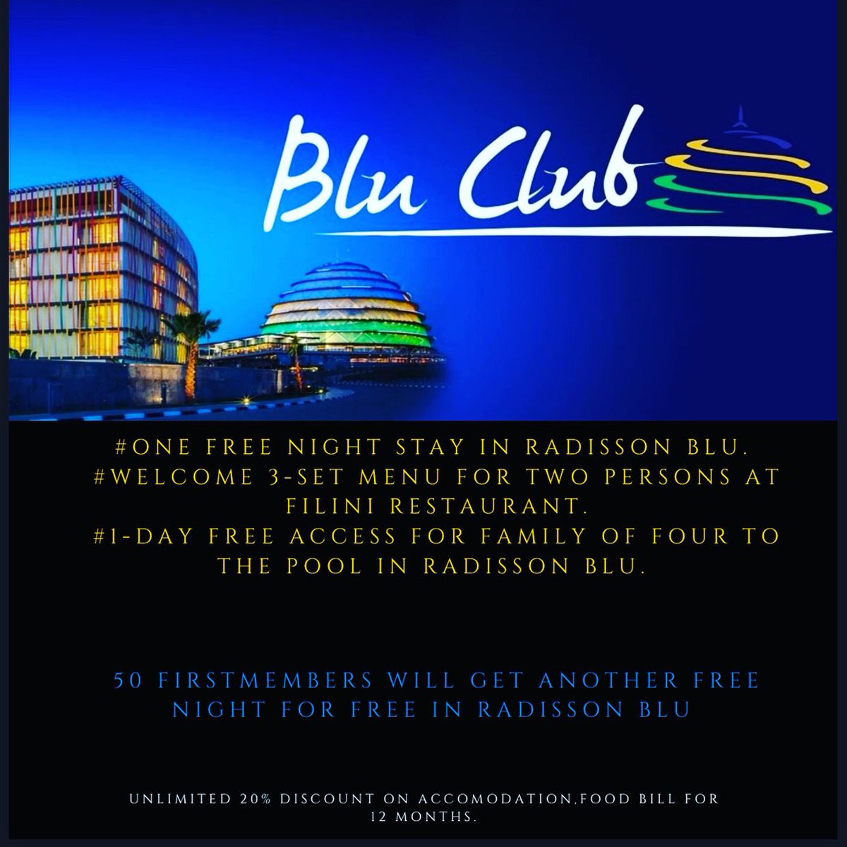 BluclubOfficial's tweet photo. Become a Blu Club Member and enjoy Dining Benefits, Accommodation Benefits, Spa and Fitness Benefits including free nights, Free Food, Free Meeting Room, etc at Radisson Blu.

DM if interested.     
#VIPLoyaltyMembership #foodanddrink #Kigali #FiveStarHotel #RwOT @RadissonKigali https://t.co/KEGvPvk9f2
