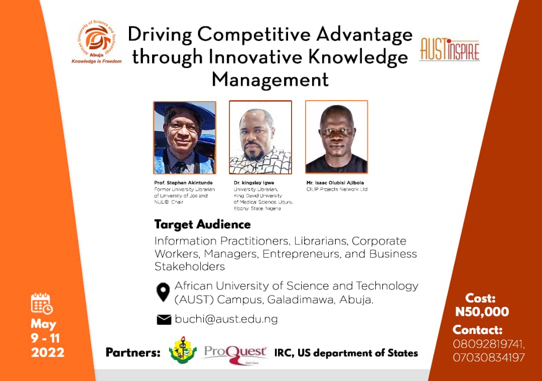inspire_aust's tweet photo. 📅Workshop Announcement

The University Library, in collaboration with AUSTInspire, is organizing a 3-days workshop on 'Driving Competitive Advantage Through Innovative Knowledge Management', from May 9-11, 2022.

To register, please click here: https://t.co/DBofOkpLXl https://t.co/SAwNjv6wSR
