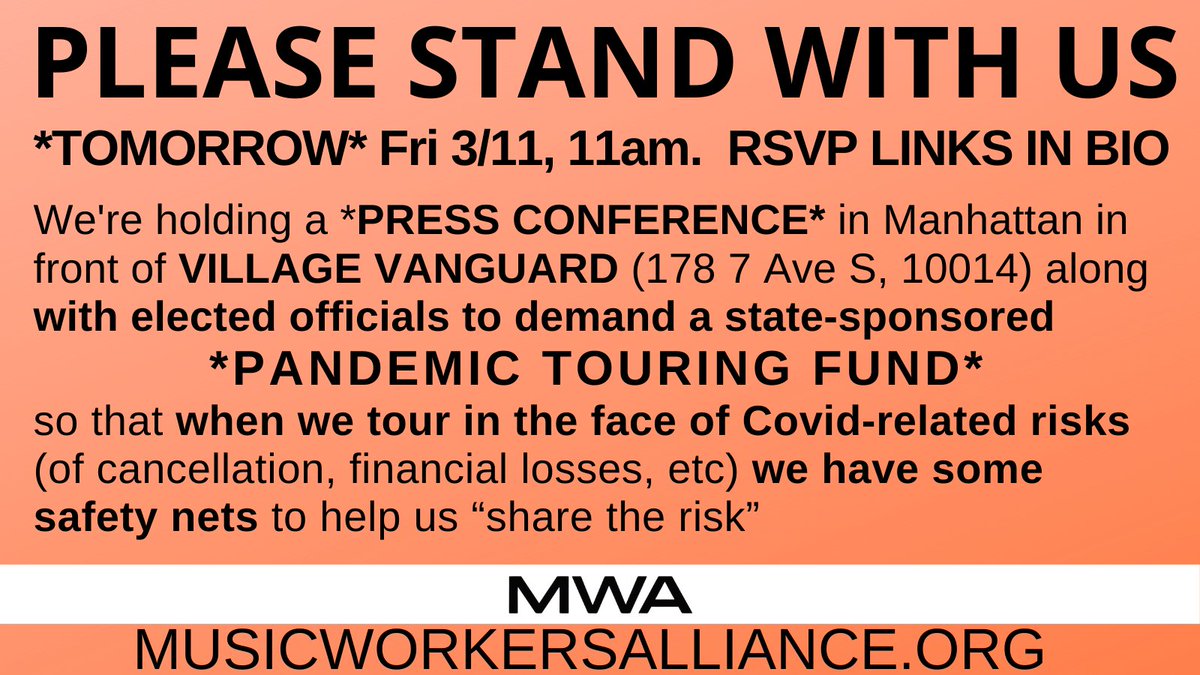 olympiakazi's tweet photo. If you're downtown Manhattan around 11am come by Village Vanguard to stand by touring musicians hosting a press event to highlight that performing artists are unfairly bearing the risk of pandemic cancellations.

T.Y. to all Legislators who are supporting our campaign
More info⬇️ https://t.co/9HqSr10YSS