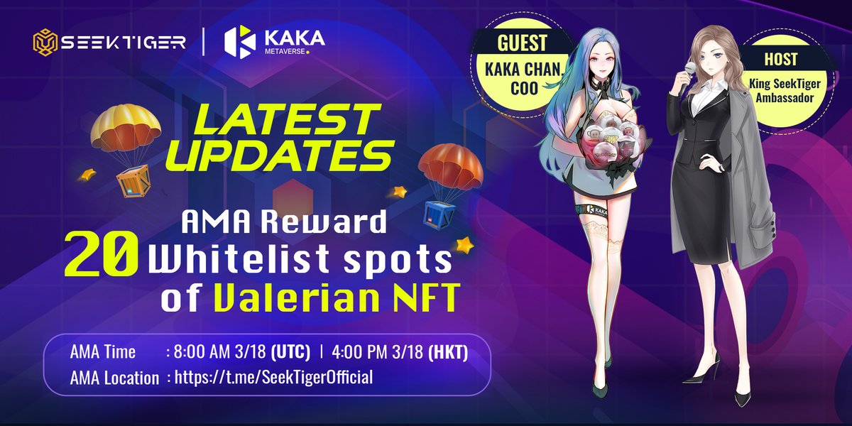 SeekTiger's tweet photo. #SeekTiger x @kakanftworld #AMA in the SeekTiger Telegram Community!

⏰Time: 18 March at 8AM(UTC)
📍Venue: https://t.co/LxtkAzJW7S
💁‍♂️Guest: KAKA CHAN COO
💰Prize: AMA Reward 20 Whitelist spots of Valerian #NFT

See you there!

#NFT #NFTCommunity #GameFi #Metaverse #DAO https://t.co/EO7CDhd4jD