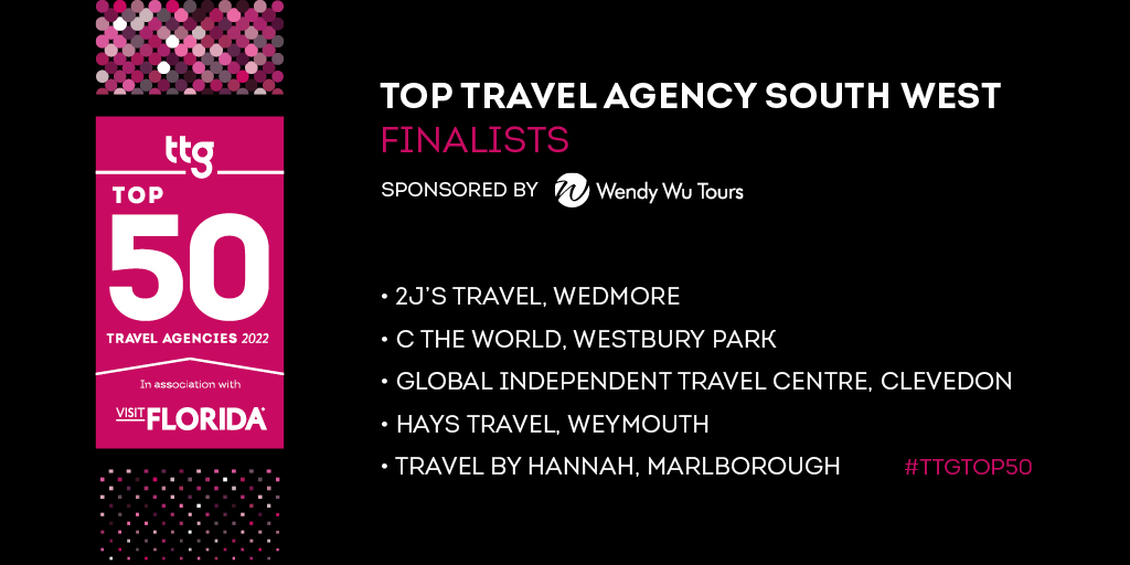 TTGMedia's tweet photo. 🎉  Good luck to the #TTGTop50 South West finalists, sponsored by @WendyWuTours!

Congratulations again to...
@2jstravel, Wedmore
@c_the_world, Westbury Park
@globaltraveluk, Clevedon 
@HaysTravel, Weymouth
@TravelByHannah, Marlborough

We'll see you on 24 March! https://t.co/S1hjcybRqK