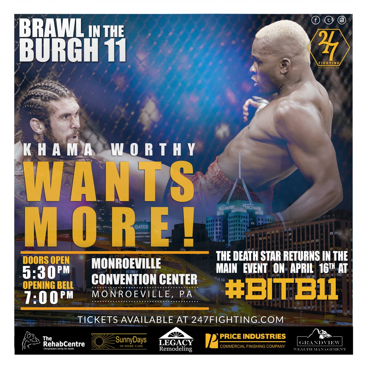 247Fighting's tweet photo. π GET SOME π
#Pittsburgh legend Khama Worthy (@TheDeathStarUFC) is BACK IN ACTION April 16 at #BitB11 in Monroeville. π₯
He just earned a HUGE TKO victory in February. Will he do it again? π
GET TICKETS: https://t.co/zX8xirWCW8 https://t.co/JkhkhrrUKb