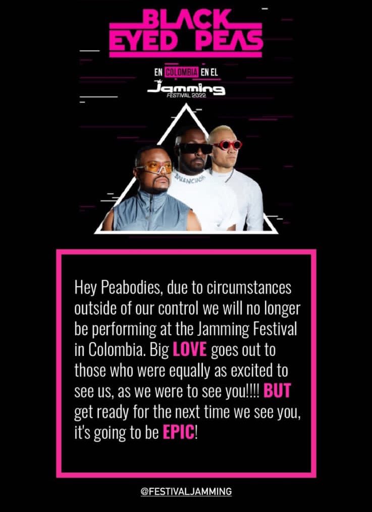 musictrendscol's tweet photo. #URGENTE: Los Black Eyed Peas cancelan su participación en el Jamming Festival 🚨 https://t.co/TnaHbQBCxq