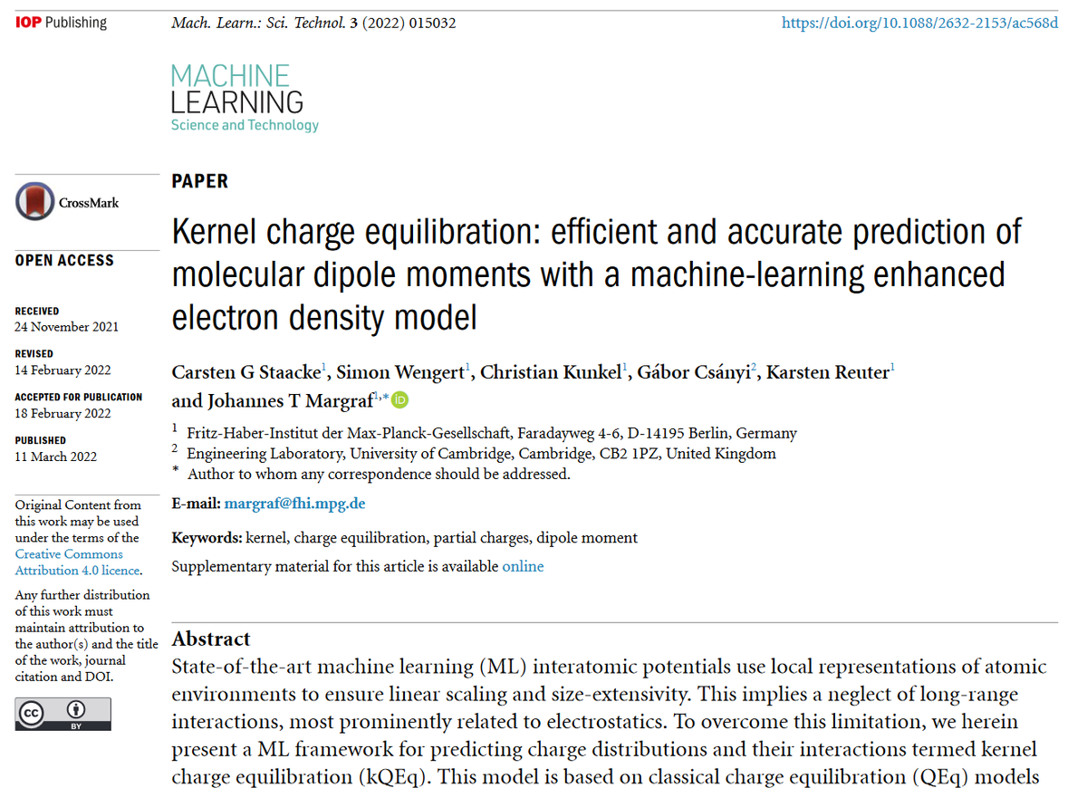 MLSTjournal's tweet photo. Great new work by @jtmargraf @ChristianKunke5 Carsten Staacke, Gábor Csányi et al @fhi_mpg_de @maxplanckpress @Cambridge_Eng - '#Kernel charge equilibration: efficient and accurate prediction of...'- https://t.co/WNmnSHaNWM #machinelearning #DFT #compchem #electronicstructure #AI https://t.co/TpmLnI6QYF