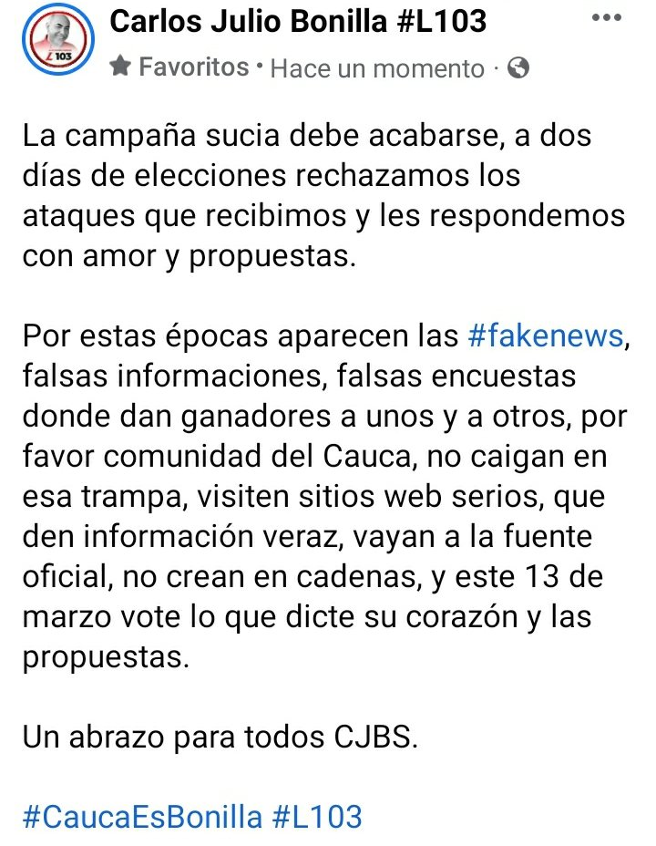 CJBONILLASOTO's tweet photo. La campaña sucia debe acabarse, a 2 días de elecciones rechazamos los ataques que recibimos y les respondemos con amor y propuestas.

Por estas épocas aparecen #fakenews, falsas encuestas, invito a que este 13 de marzo vote lo que dicte su corazón y las propuestas @PartidoLiberal https://t.co/kAlA3qNnLA