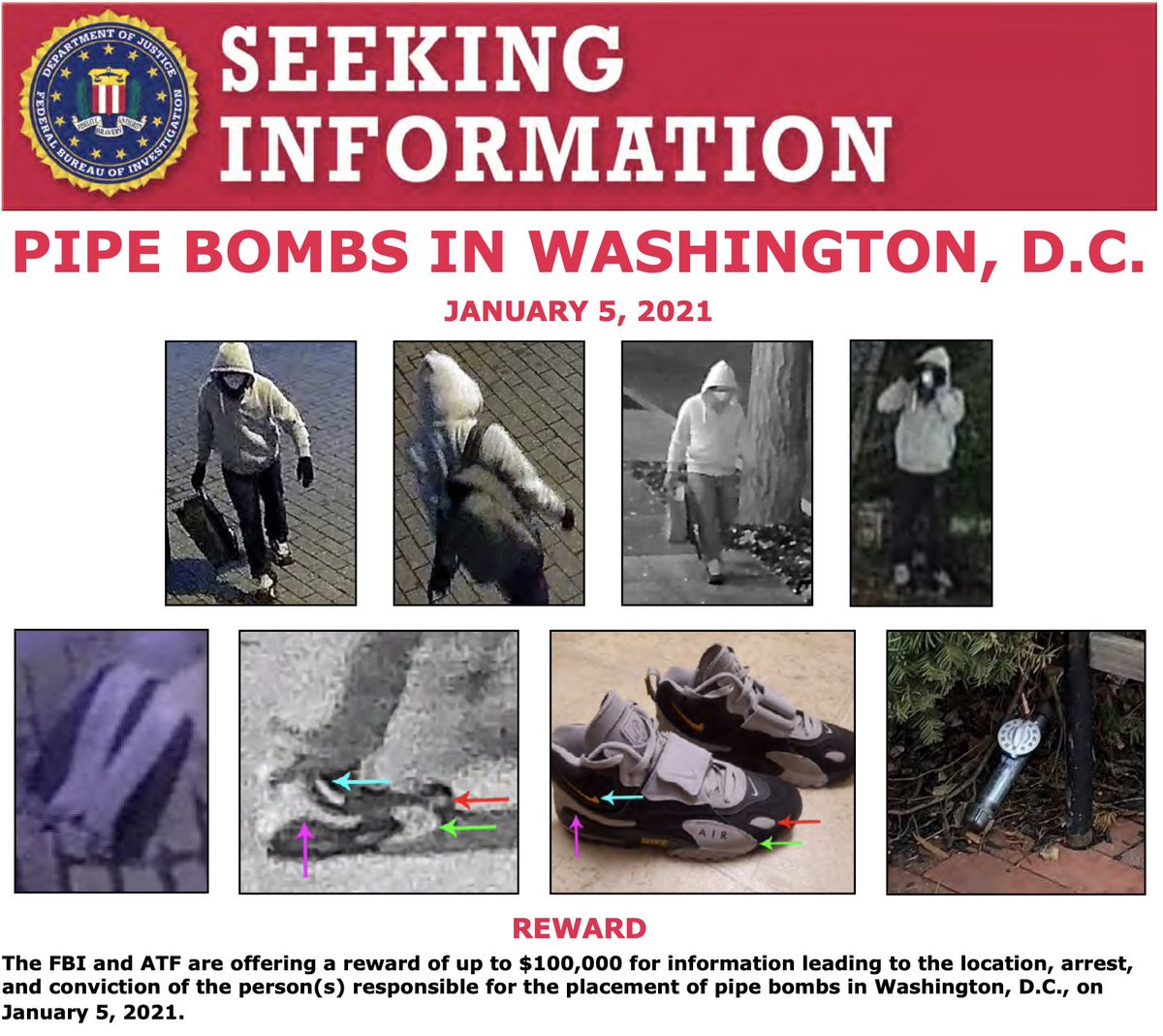 FBI's tweet image. The #FBI is offering  a reward of up to $100,000 for tips leading to the location, arrest, and conviction of the person(s) responsible for the placement of pipe bombs in Washington, D.C., on January 5, 2021. Learn more at go.usa.gov/xzDyv. @FBIWFO