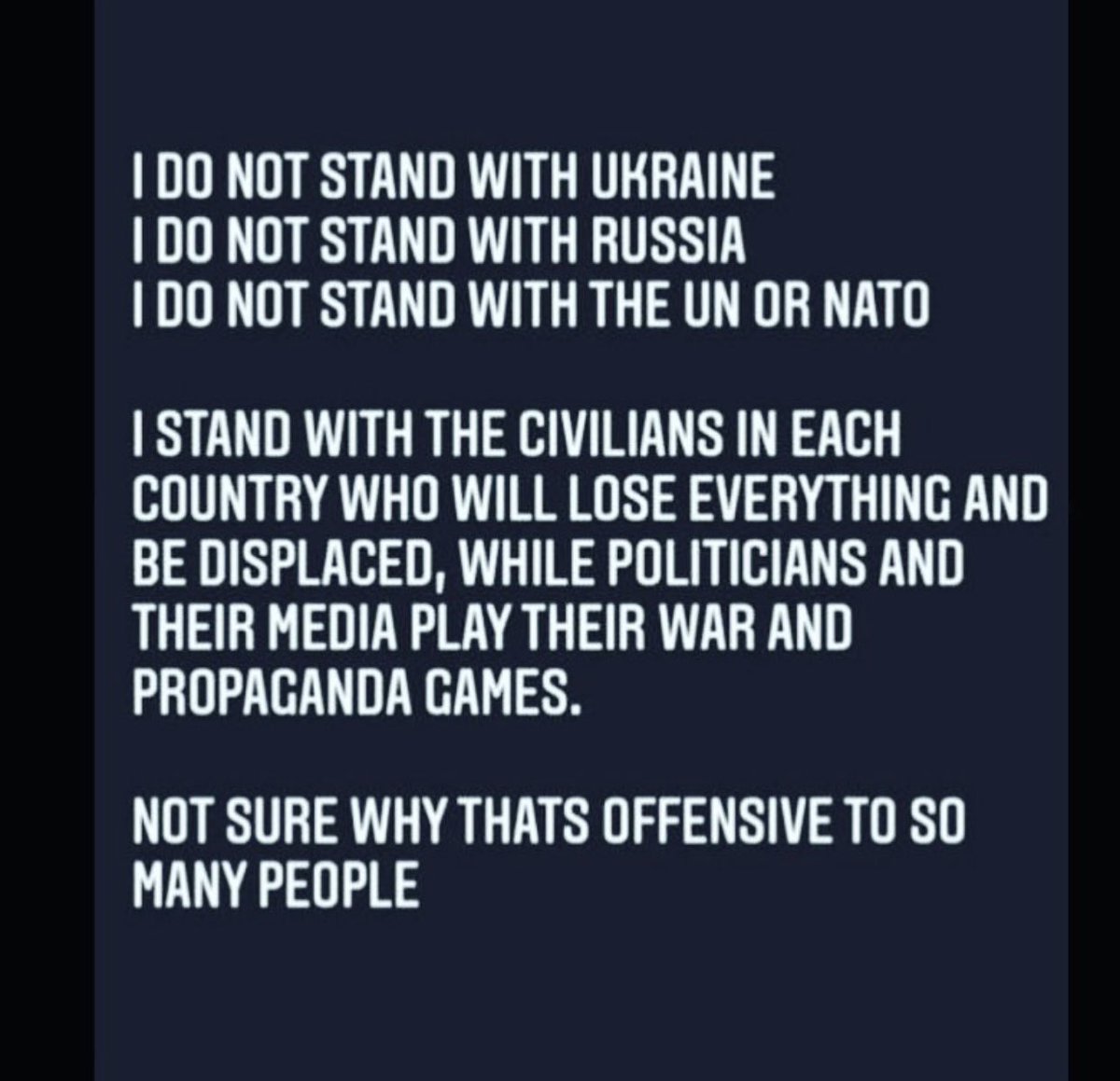 JoWoodOfficial's tweet photo. I stand with humanity not with these games the rich powerful and politicians are playing .. #ihatewar https://t.co/SBFpRuKUe9