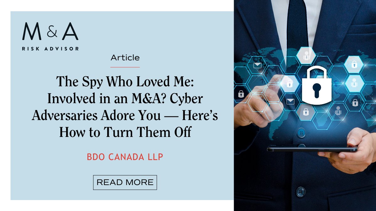 MARiskAdvisor's tweet photo. In the past, organizations involved in M&amp;As focused on financial, legal, and operational due diligence, but the rise of cyber espionage has brought cyber due diligence to the fore.
@BDO_Canada shares how to minimize risk from cyber threats during an M&amp;A: https://t.co/6mZHLdCsDZ https://t.co/YgMat0NmVo