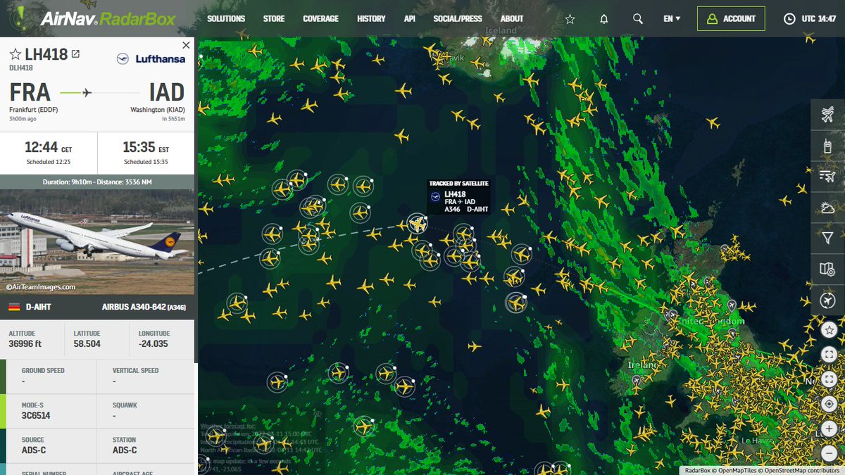 AirNavRadar's tweet photo. ✈️: @Lufthansa's 13-year-old Airbus A340-600 (D-AIHT) is airborne again after long storage, operating flight #LH418 from Frankfurt (FRA) to Washington (IAD). This route is usually operated with Lufthansa's A330s.
Track #LH418 on #RadarBox:
https://t.co/LHXIGQqILJ https://t.co/H0TTqxHFaf