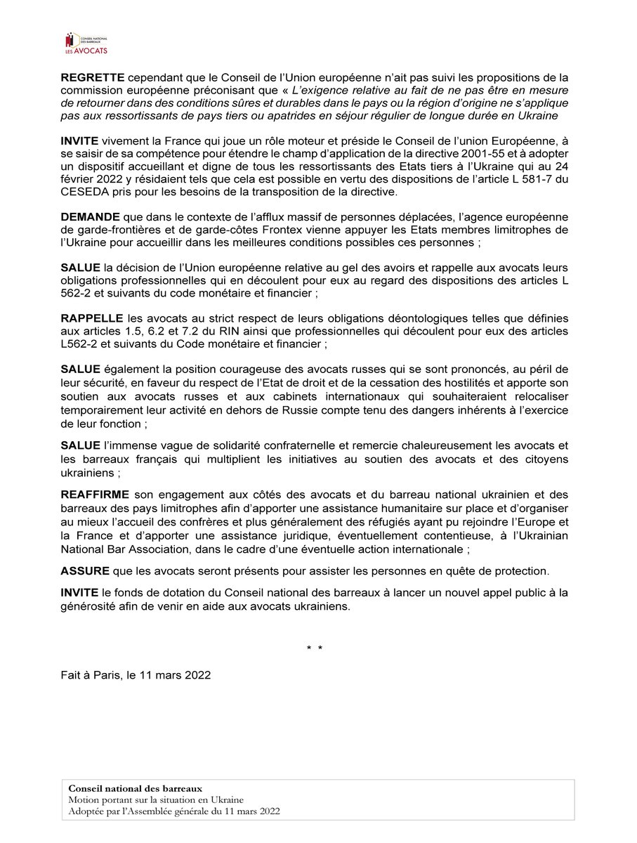 CNBarreaux's tweet photo. [#Ukraine🇺🇦] 
À l'unanimité, l'#AGCNB exprime sa totale solidarité aux 70 000 avocats ukrainiens, à l’Ukrainian National Bar Association et à la population vivant en Ukraine.

Le fonds de dotation du CNB va lancer un nouvel appel public à la générosité du public.

👇👇👇 https://t.co/Y1vl78Eqit