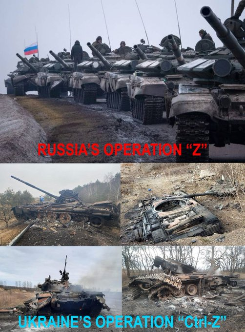 The Ukrainians want their Z back. Two scenes - first is invading tanks flying Russian flag. Second scene - all the tanks are blown up. Control Z to the rescue