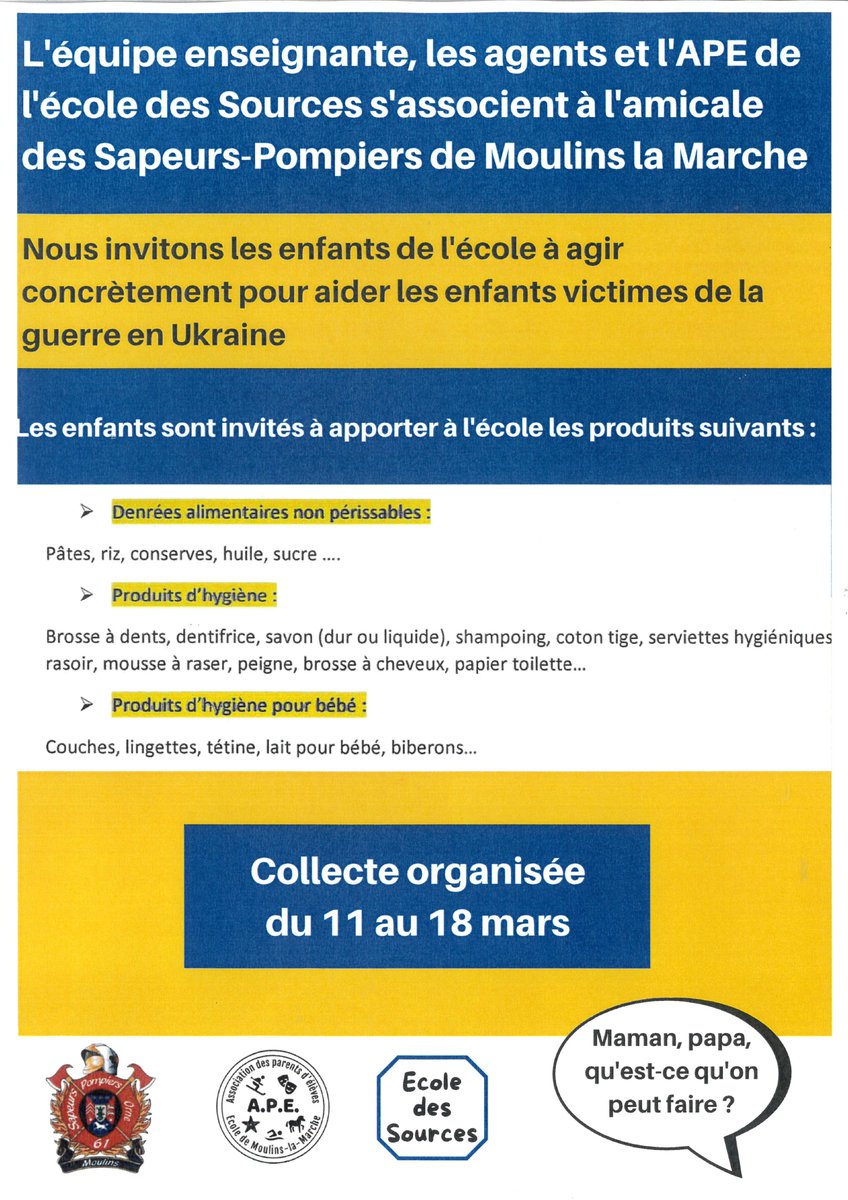 EcoleSources's tweet photo. Collecte en faveur des victimes de la guerre en Ukraine organisée par l'APE, l'école primaire et la caserne des pompiers de Moulins la Marche . https://t.co/pcDOOzf8EY