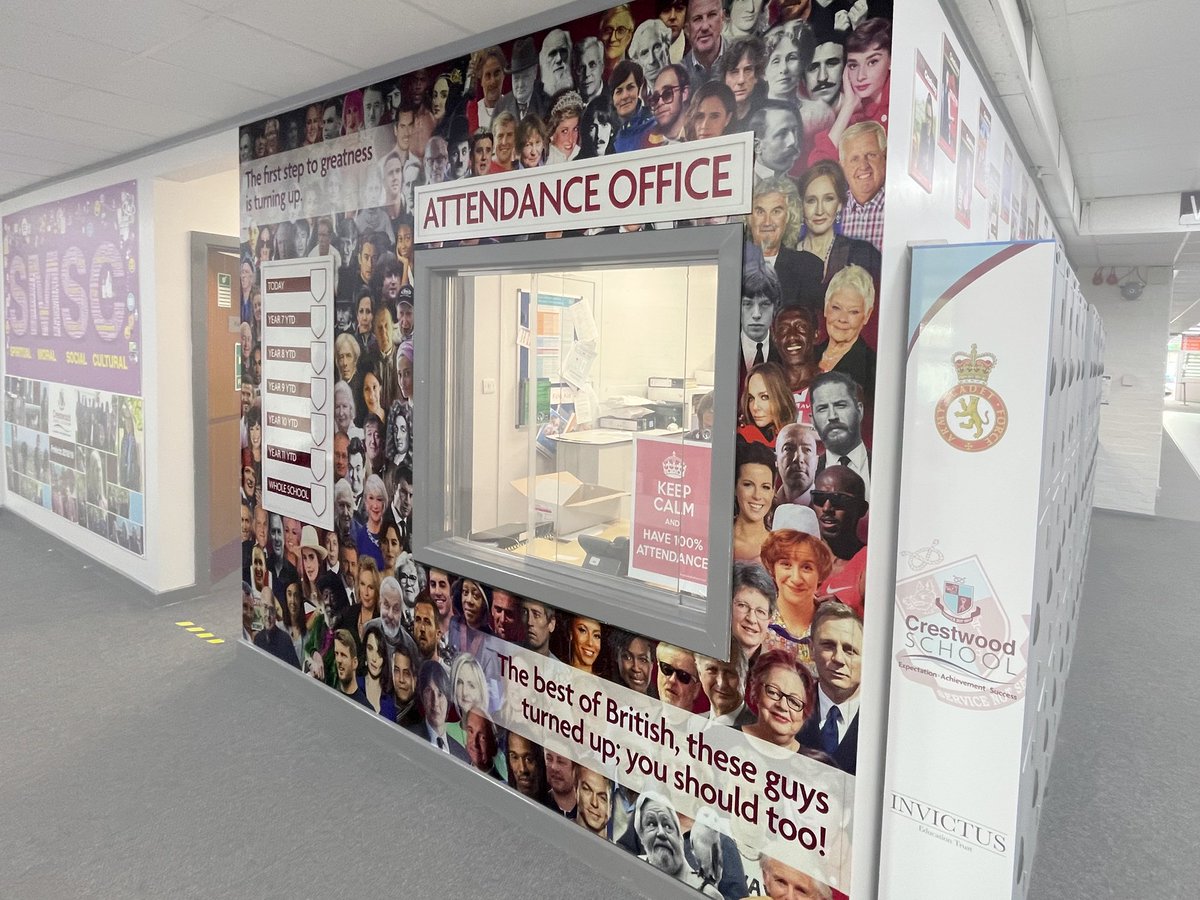 CreateCorridors's tweet image. 🗣️"The first step to greatness is turning up"✨

Wow, this @CrestwoodSchool reception display showing students the importance of attending school is so effective.

The interactive whiteboard also allows for a little friendly competition between year groups!😉

#education #wallart
