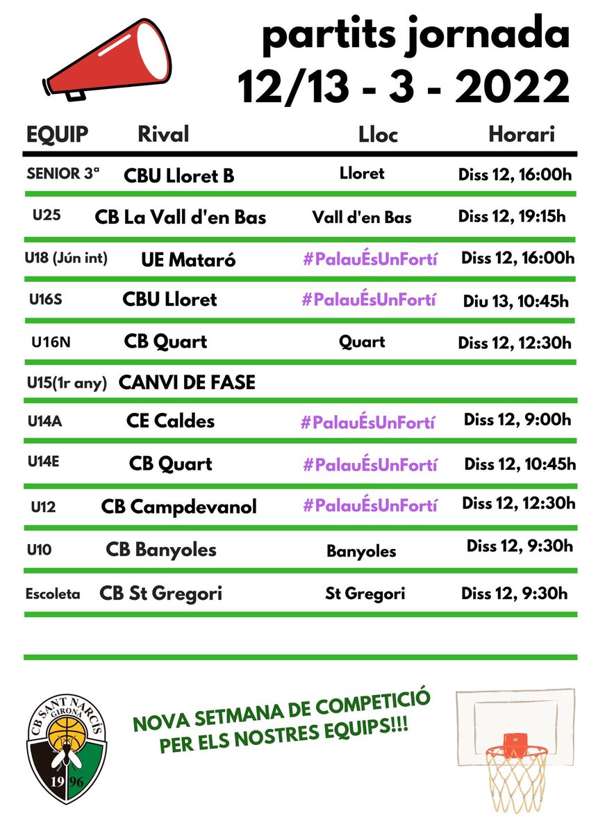 🗓Calendari de partits #CBSN d’aquest cap de setmana‼️ 

➡️ Senior 3a i U25 per seguir amb la bona dinàmica i aconseguir la victòria a domicili

➡️ U18 Interterritorial davant UE Mataró a #PalauÉsUnFortí 

#SomVerds #CBSN #PalauÉsUnFortí