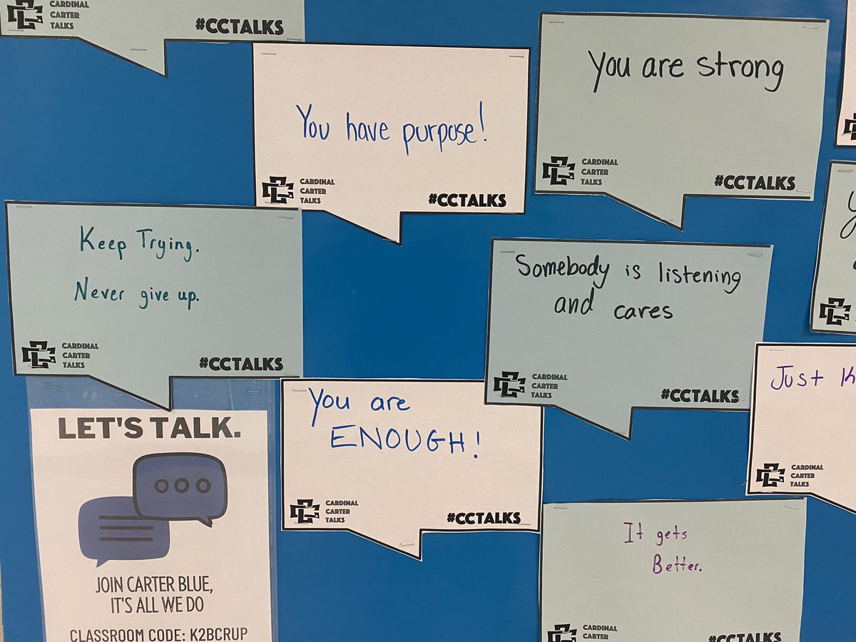 Teach4todayPD's tweet photo. Carter Blue @ccarterchs wants to encourage our community to get talking! Talk about the good and the bad the happy and the sad. Nothing should be off limits. We are here for you! Carter Blue is a club open to all students and grades. @CarterBlue_CHS @YCDSB @YCDSB_MH https://t.co/4984sr5sVR