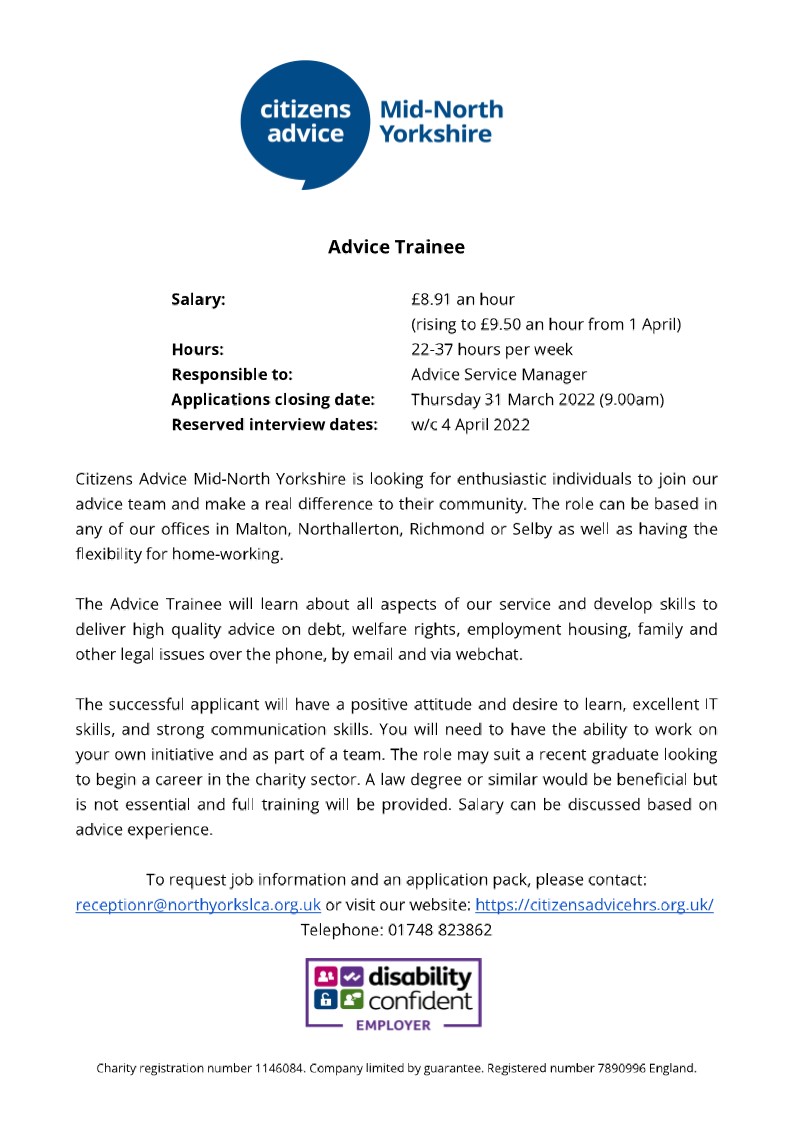 We are #Recruiting for an Advice Trainee!

This is a great opportunity to join our friendly team and make a difference in your community!