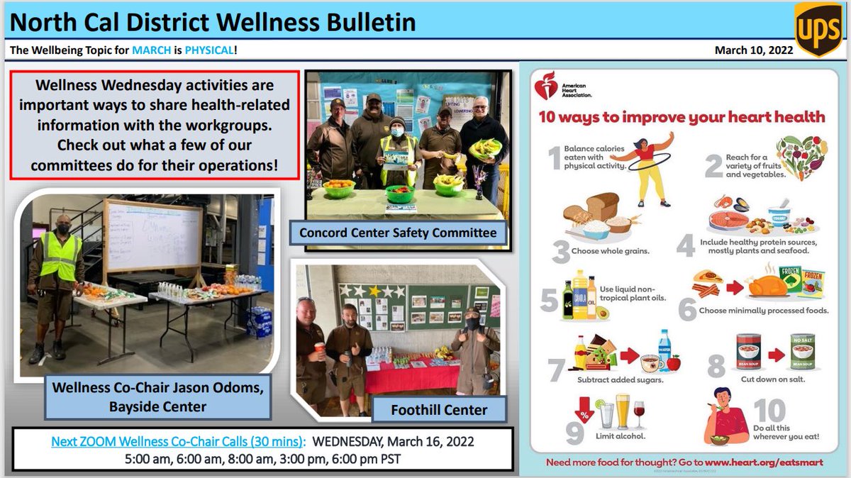 UPSNorCalSafety's tweet photo. This week’s @UPSNorCalSafety Wellness Bulletin focuses on #WellnessWednesday activities in Northbay, Concord, and Sunnyvale Buildings! What are you doing next Wednesday? @karljones64 @joshneedlesUPS @CharP_RN #upscommcorner #upswellness @CommCornerUPS https://t.co/eZgqPiSxLr